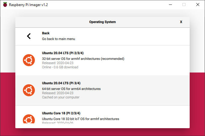 Ubuntu 20.04 / Raspberry Pi Imager.