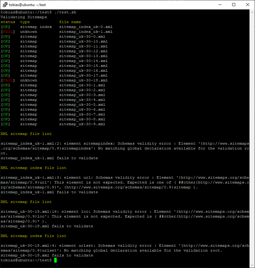 Output of the script to validate XML sitemaps