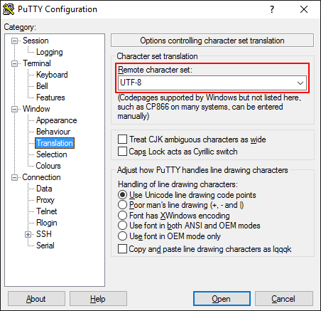 Setting for the correct encoding in Putty