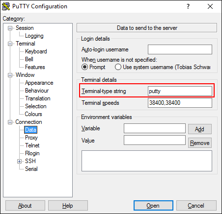 Setting for the Terminal-type string