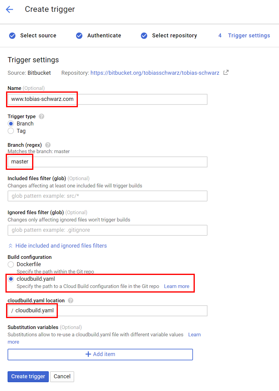 Google Cloud - Build Trigger Settings